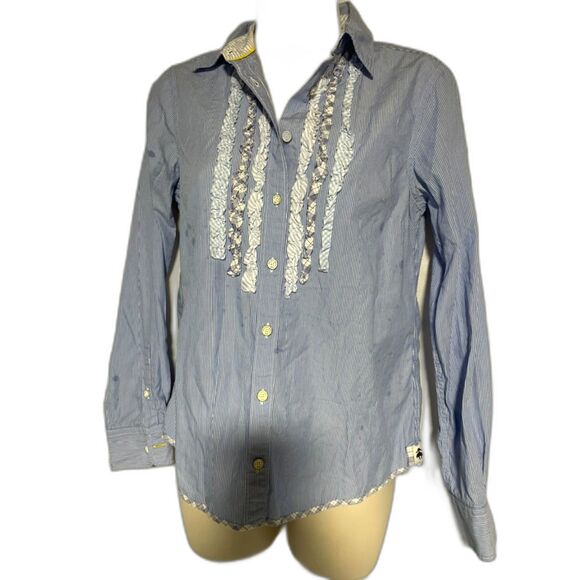 Brooks brothers ruffle front button down stripe and plaid  shirt size 2 - Picture 1 of 5